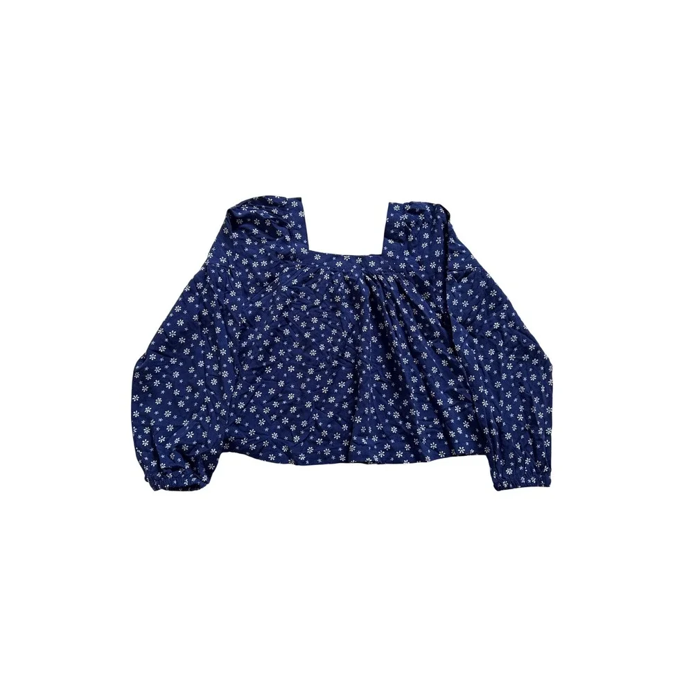 Levis Girls Navy Blue Floral Daisy Puff Sleeve Square Neck Blouse Top M 10-12Y